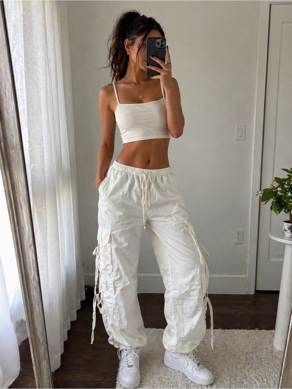 ZARA White Cargo Parachute Pants Joggers Drawstring Y2K XS